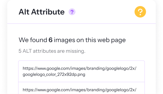 A page that says alt attribute we found 6 images on this web page 5 alt attributes are missing