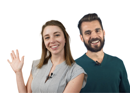 A man and a woman with microphones on their shirts