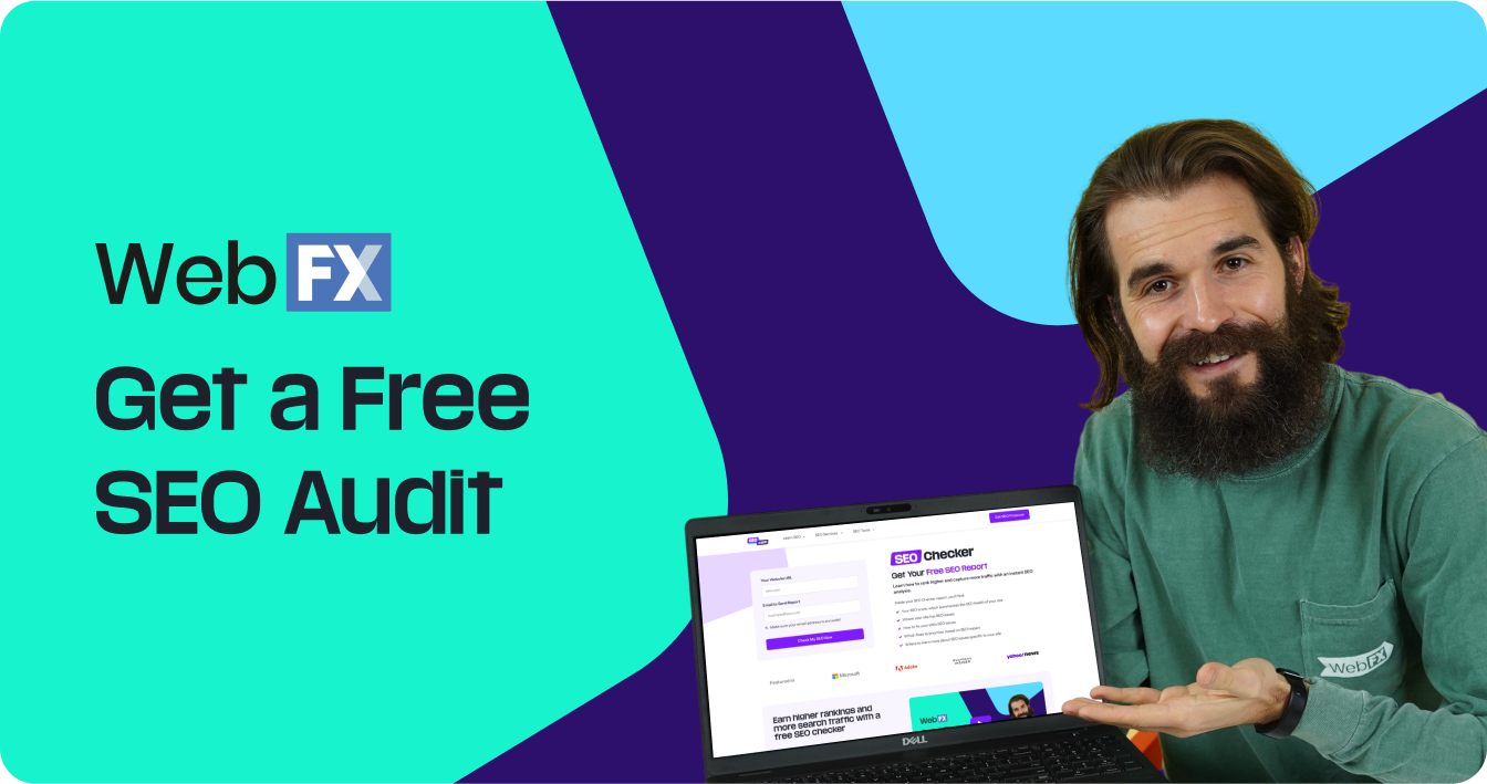 A man holding a laptop with the words "WebFX get a free SEO audit"